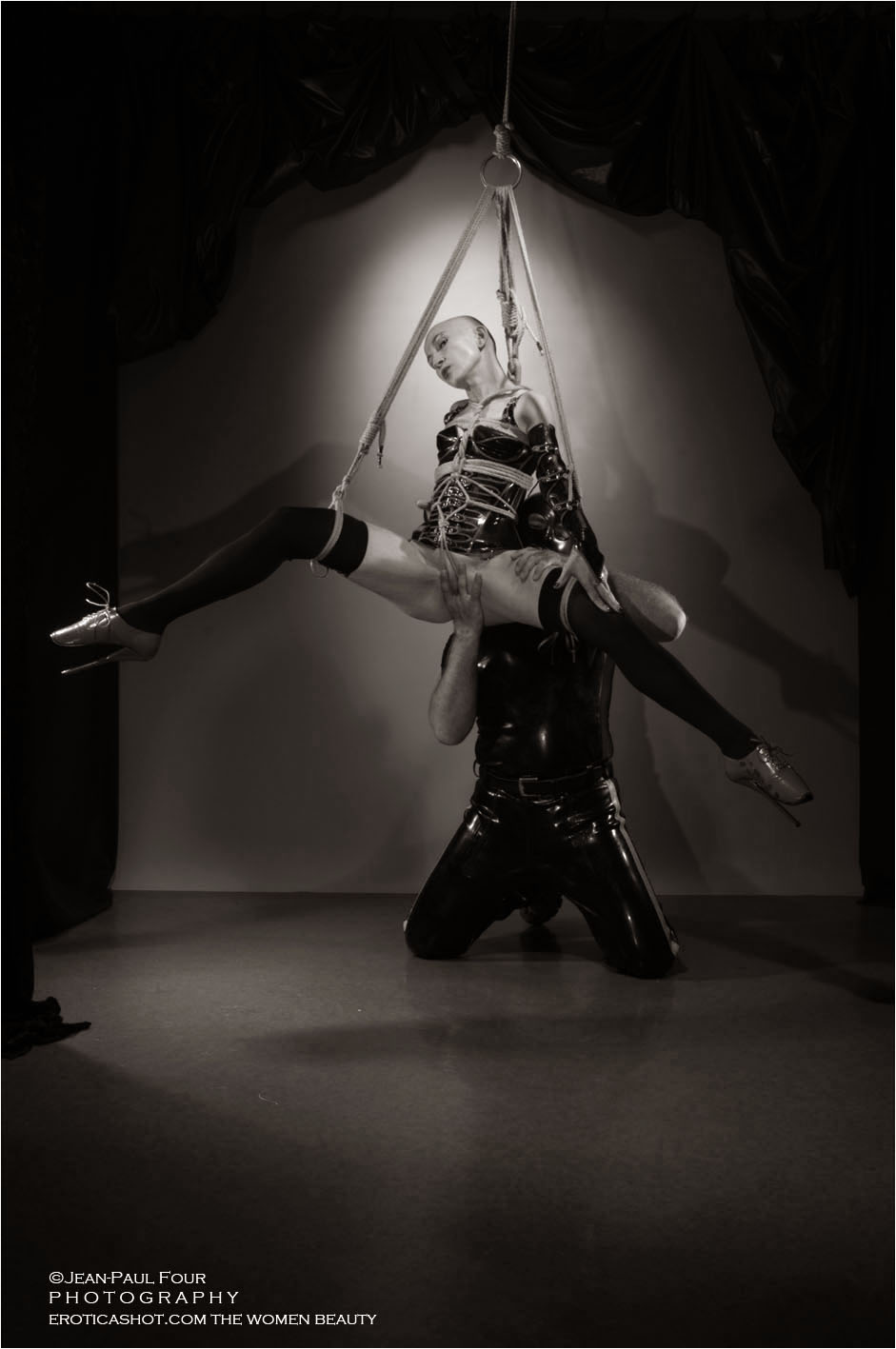 Celen, slave, slut, hard fucking, suspension, shibari, she is supsended by her husband legs wide open, skin head and rosebud, follow her on eroticashot.com, pict by �Jean-Paul Four